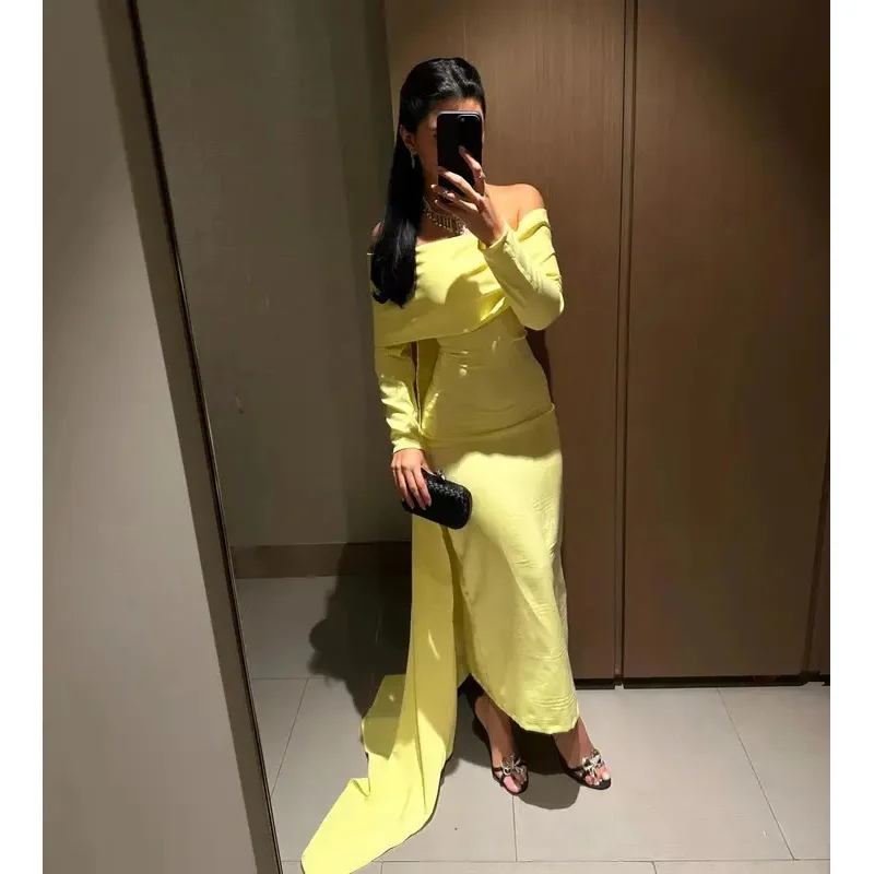 Indie customized Elegant Yellow Prom Gown Women Off Shoulder Simple Party Evening Dress Ankle Length Formal Occasion Dresses