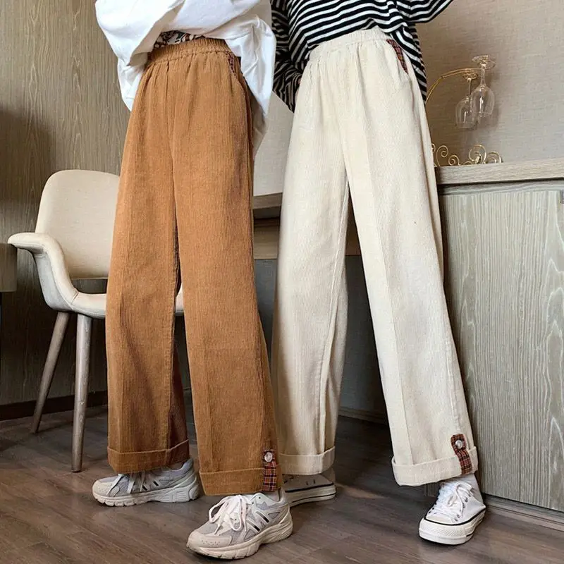 

Women Autumn Winter Korean Corduroy Loose Solid Color High Waist Fleece Wide Leg Ladies Simplicity All-match Casual Straight