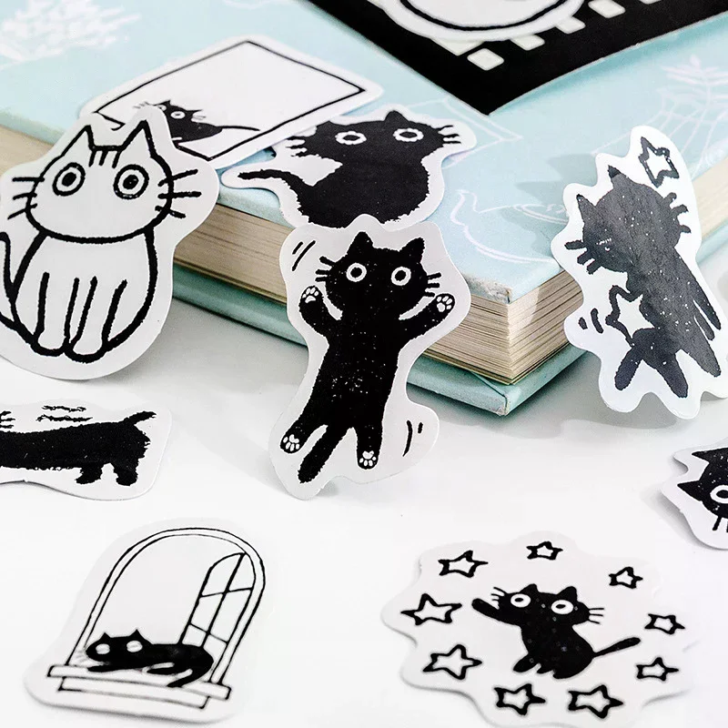 45Pcs Black Cat Theme Stickers Decoration Kawaii Cute Cats Stickers Self-adhesive Scrapbooking Stickers For Laptop Planners