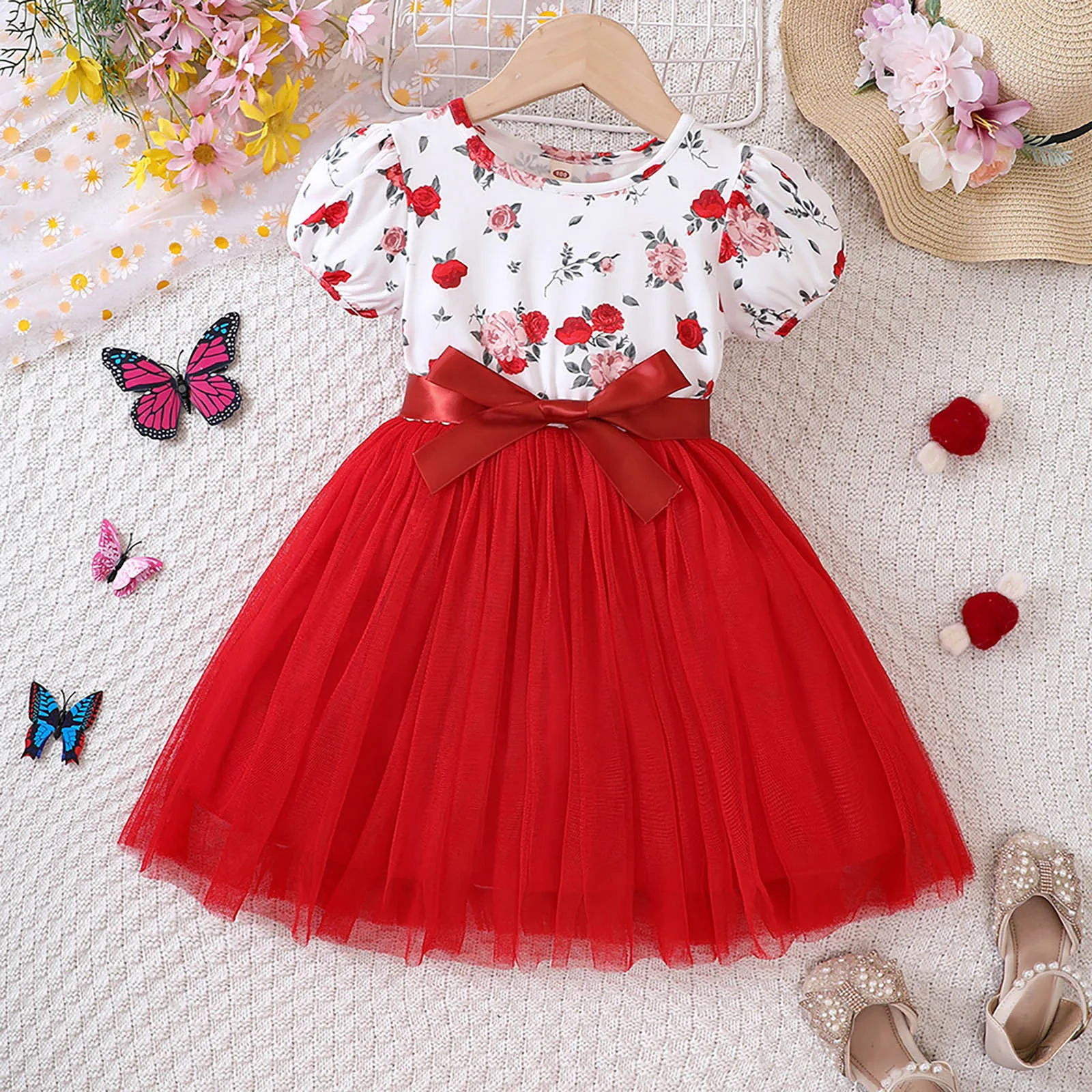 1-5 Years Toddler Girls Short Sleeve Tulle Patchwork Dress Vintage Floral Butterfly Print Summer Clothes Princess Girls Dresses