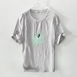 クリエイティブな刺繍のTシャツ,半袖,リネンとコットン,カジュアル,ファッション