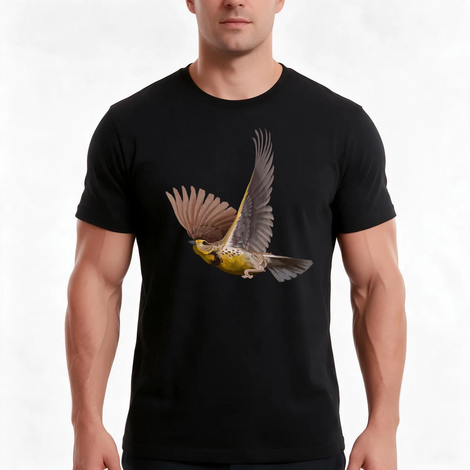 Bird - Meadow Lark T-Shirt, Summer Casual Cotton Tee, Oversized Streetwear Tops, Vintage Graphic Print, Loose Fit Short Sleeve