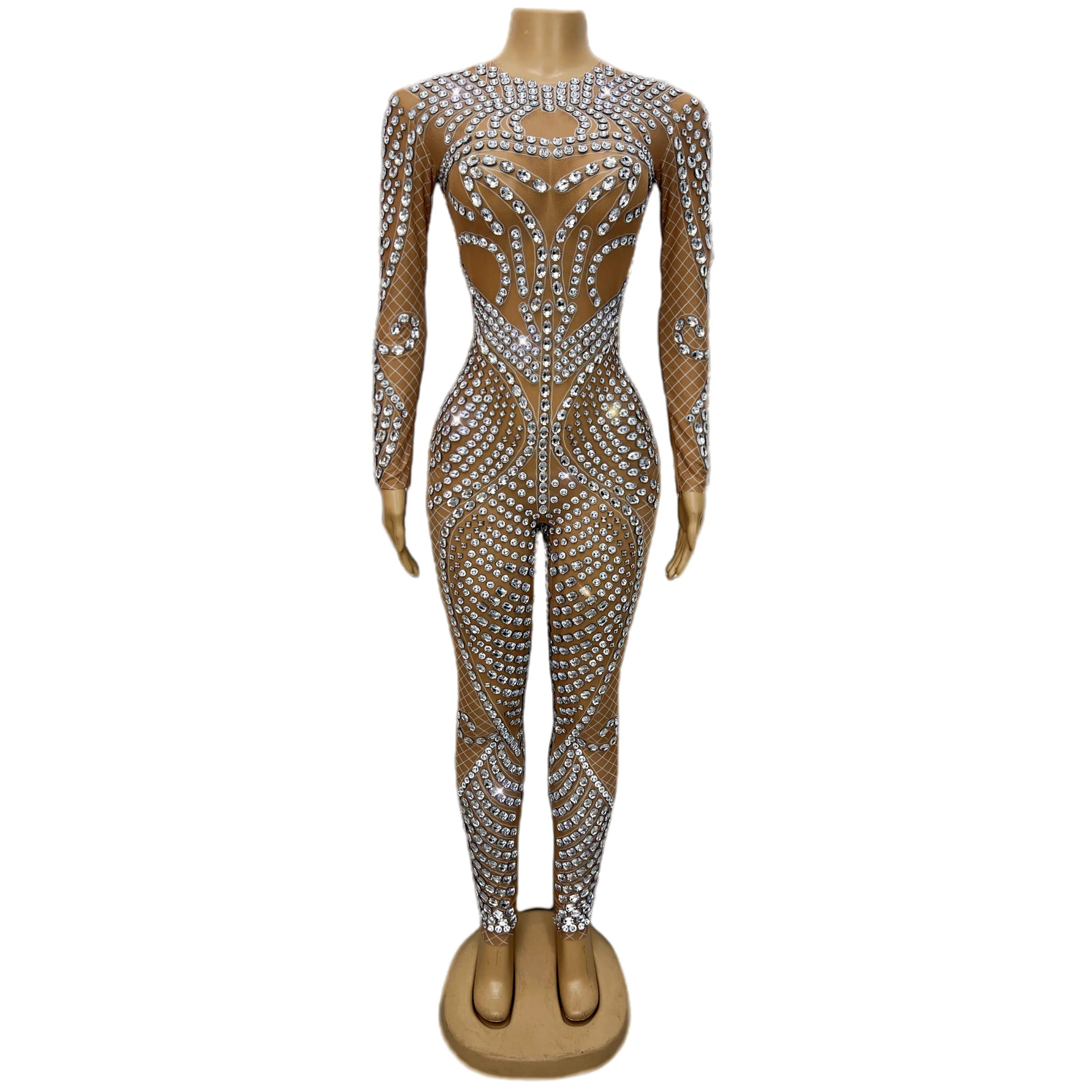 Nude Skinny Rhinestones Jumpsuit Bar Concert Leotard Singer Performance Dance Costume Sexy Stage Wear Birthday Celebrate Outfit