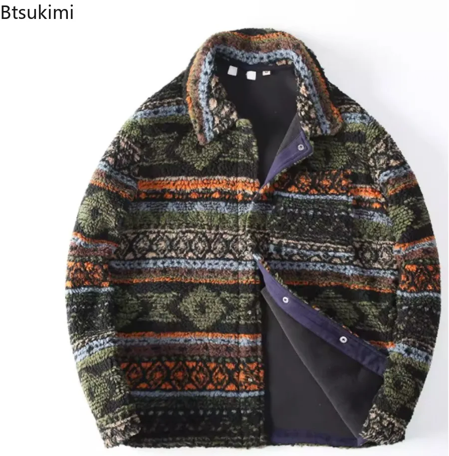 

Men Autumn and Winter Thick Lamb Fleece Jacket Retro Nordic Phil Island Style Flip Collar Jacketcoat Fashionable Warm Streetwear