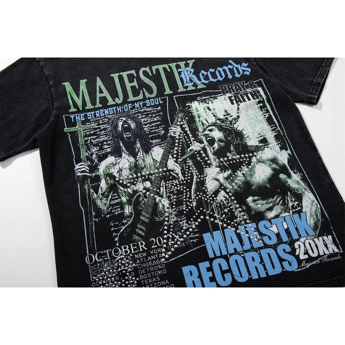 MAJESTIK Rock Band Embroidered Short-Sleeved T-Shirt with Washed-Out and Weathered Finish Heavyweight Beaded, Casual Round-neck