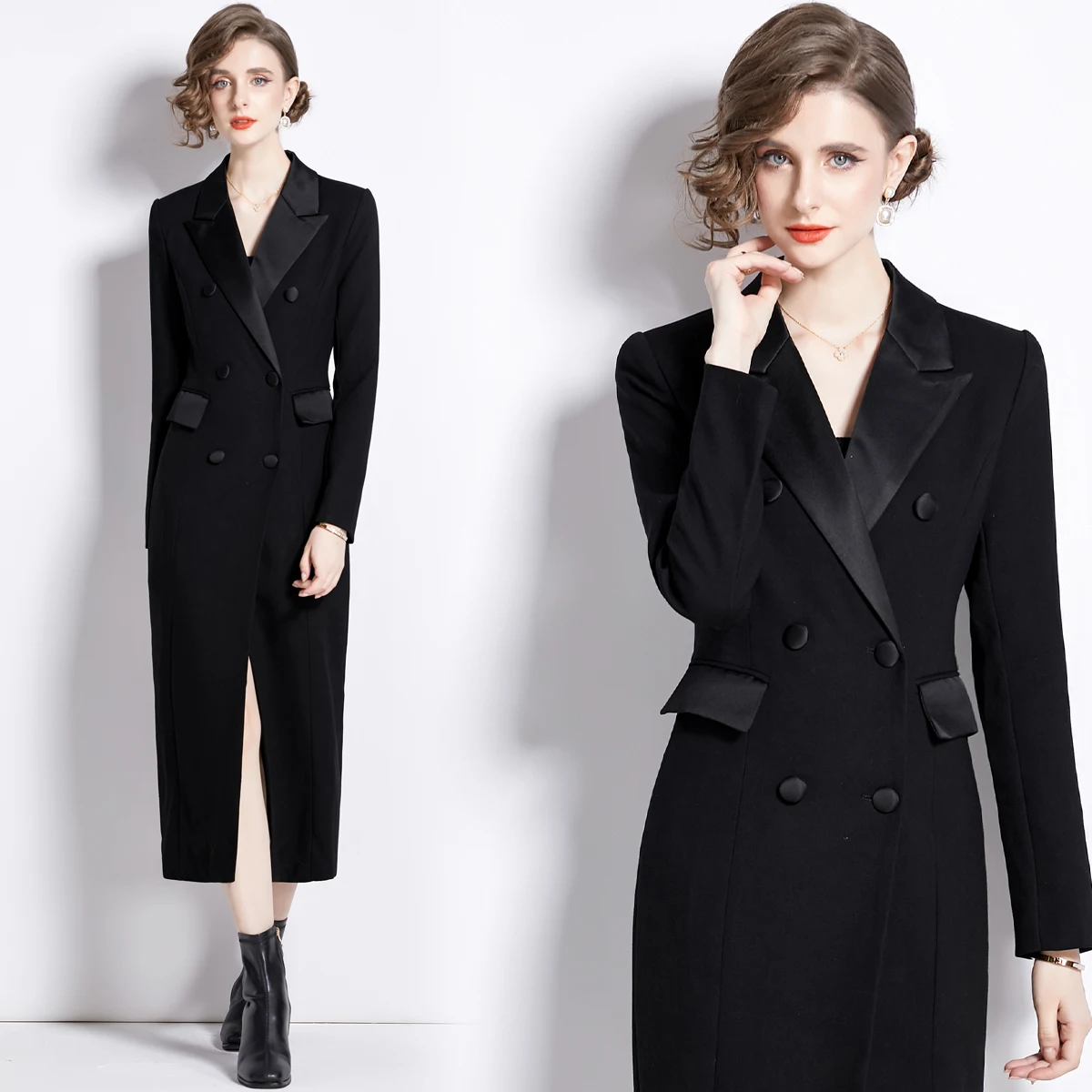 

European and American French style suit collar splicing double row buckle long waist cinched jacket coat skirt