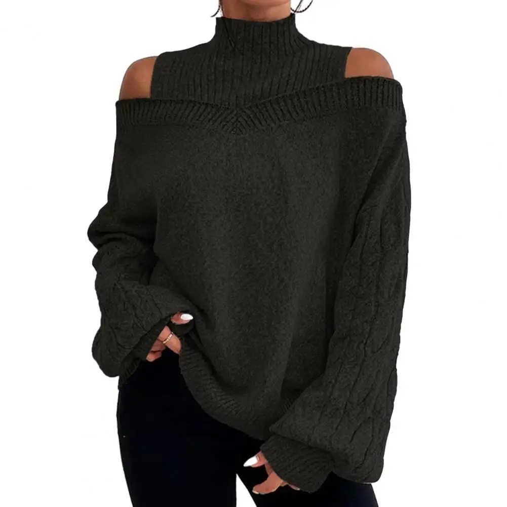 

Stretchy Pullover Sweater Stylish Women's Off Shoulder Sweater Cozy Knitted Pullover with Half-high Collar for Fall/winter