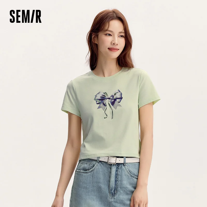 Semir Short-Sleeved T-Shirt Women Short Length Gentle And Slim Fit 2024 Summer New Sweet Butterfly Print Clothing