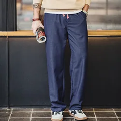 Maden-Pantalones rectos casuales sueltos para hombres, pantalones largos transpirables de cintura media, cintura elástica, Color sólido Vintage, Primavera