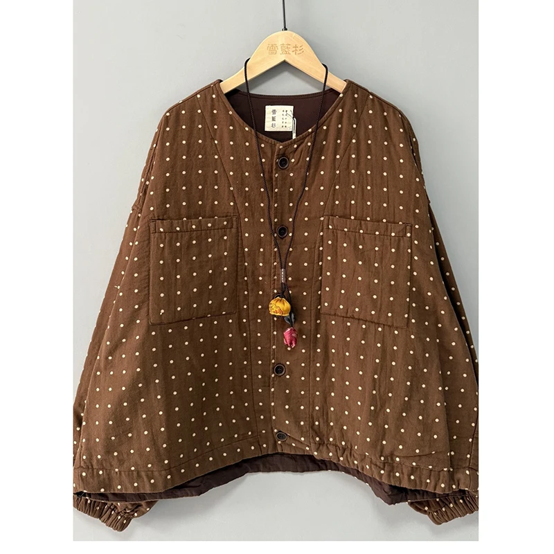 

Новинка 2026 года: Женские осенние повседневные пальто-парки из высококачественного хлопка и льна с принтом в горошек, на одной пуговице, с длинными рукавами, модель Y153