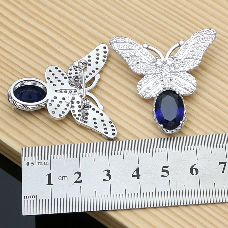 Blue Sapphire Jewelry Sets for Women, 925 Sterling Silver Jewelry Butterfly Brooch Earrings Necklace Ring Bracelet Set Gift