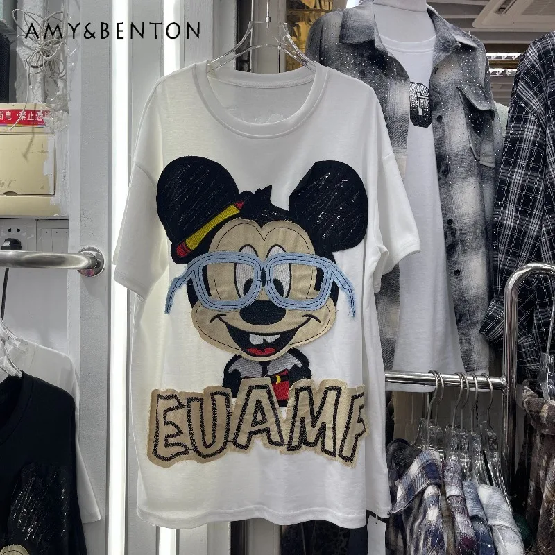 

Korean Style Fashion Trendy Casual Retro Cartoon Top Heavy Craft Patchwork Color-blocking Short-sleeves T-shirt Spring Y2k Tees