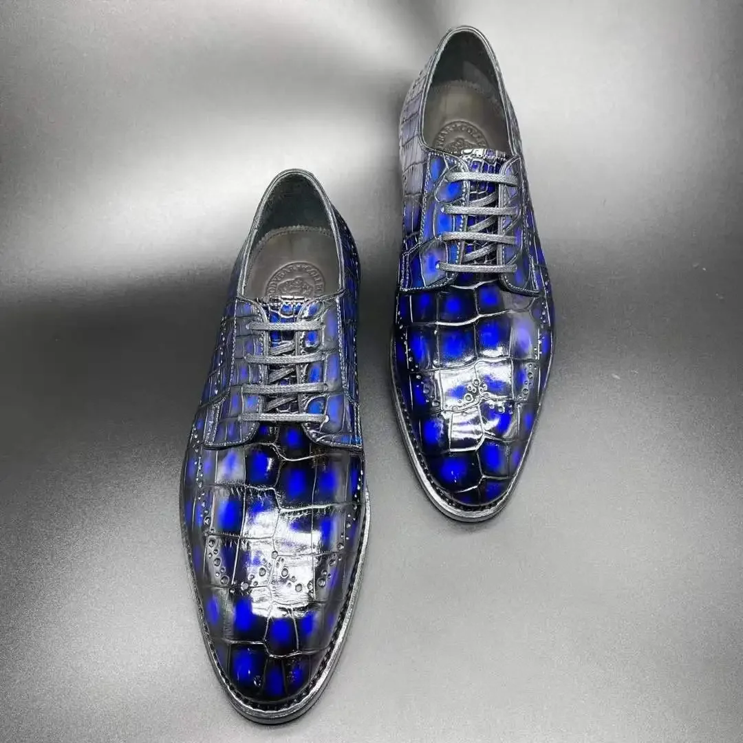 chue new arrival men crocodile leather shoes blue Carve patterns Brogue shoes for men blue