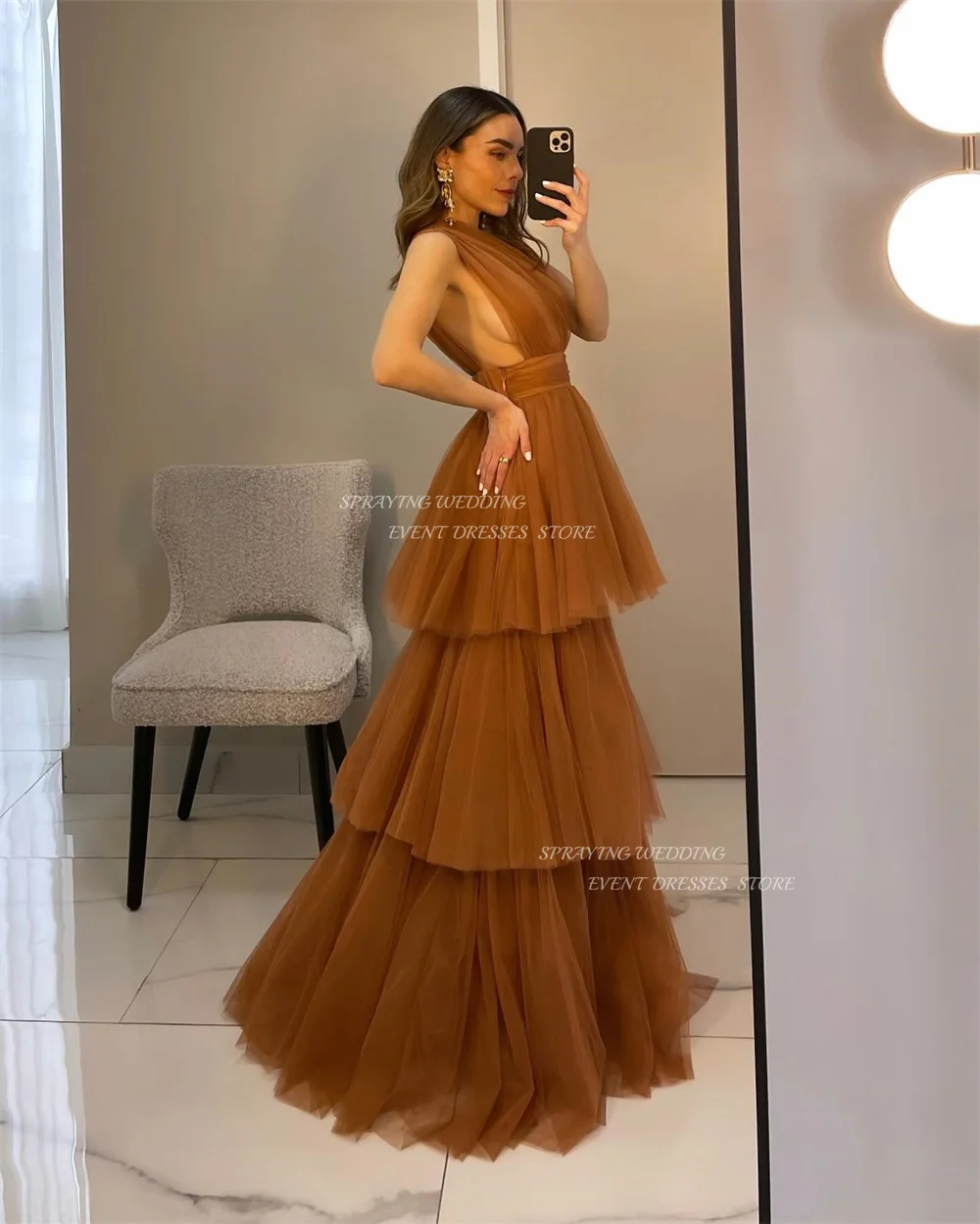 SPRAYING Tiered Tulle Evening Dresses Custom Made High Slit A-line Prom Gown Elegant Sleeveless Party Dress Custom Made