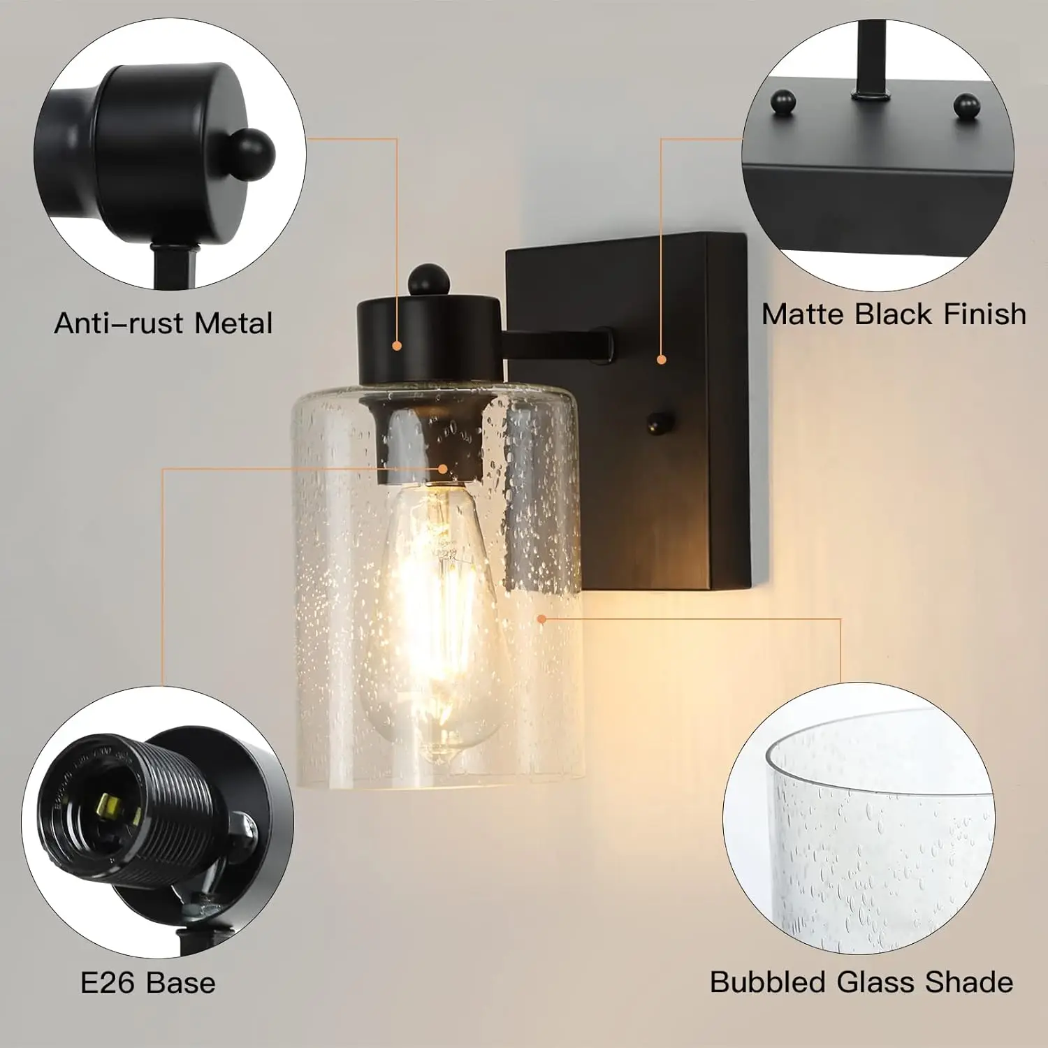 Depuley 1-Light Matte Black Wall Sconces Light Fixtures Vintage Farmhouse Wall Mount Lamp with Bubbled Glass Shade