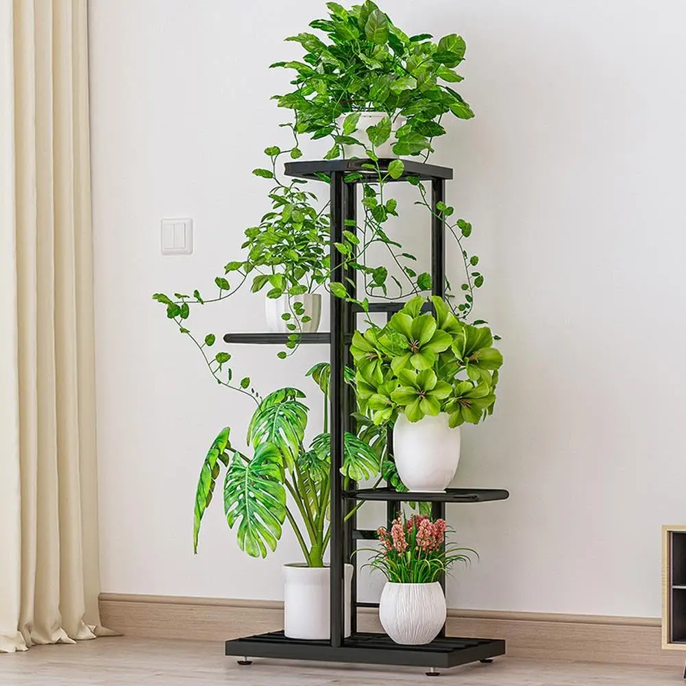 Portavasi in metallo, scaffale a 4 livelli per 5 vasi, con base larga, scaffale porta vasi per interni ed esterni, ideale per esporre piante in vaso, da utilizzare in giardino, sul balcone, in patio o