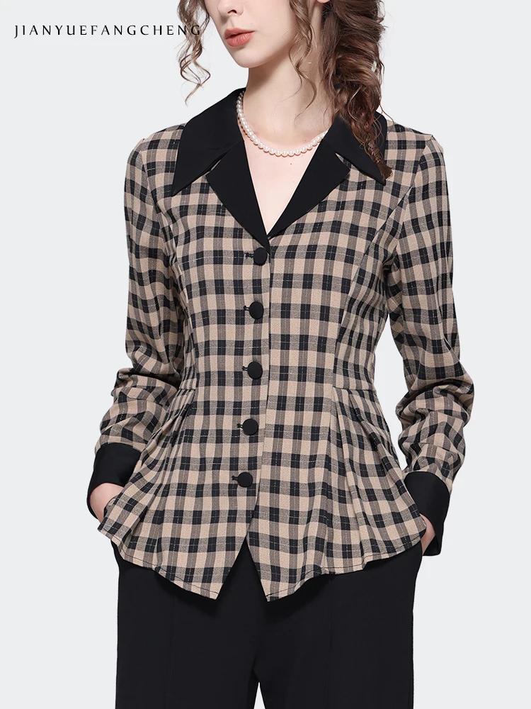 Vintage England Style Women Long Sleeve Checked Shirt 2023 Autumn new Elegant Slim Cinched Waist Tops Chic Suit Collar Blouses