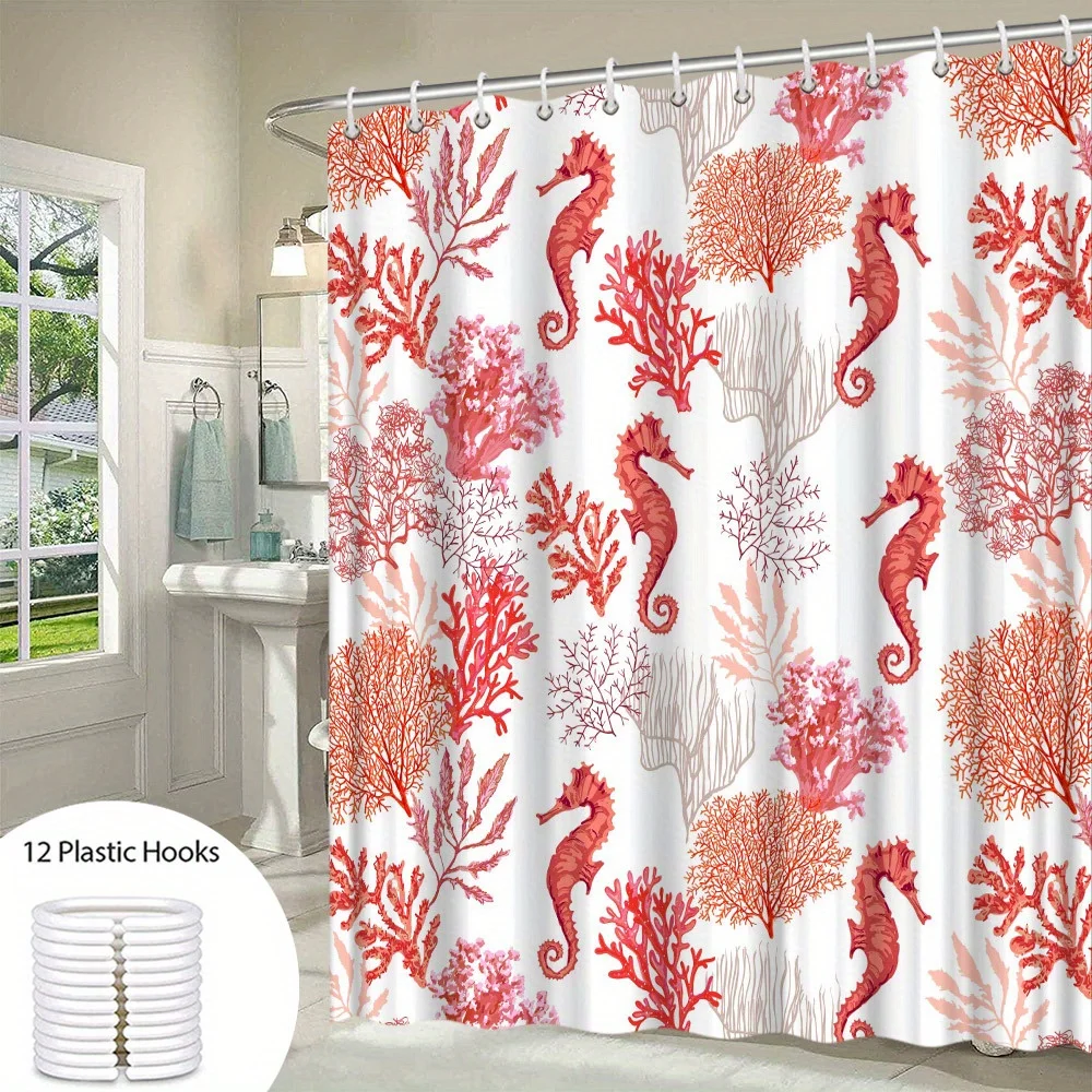

1 Exotic Sea Life Shower Curtain, Vibrant Red Sea Horse and Coral Pattern, Polyester, Machine Washable, Suitable for Bathroom