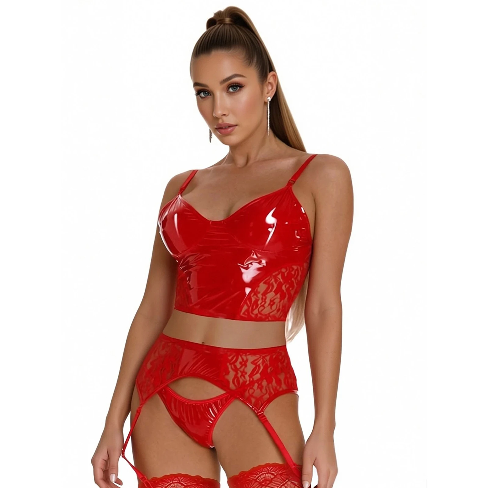 Damen-Bikini-Set aus PU-Leder mit Spitze und Patchwork-Design, bestehend aus einem kurzen Oberteil und einem passenden Höschen mit Strumpfband, ideal für Bühnenauftritte und Partys, zweiteiliges Badeoutfit. – Detail 17