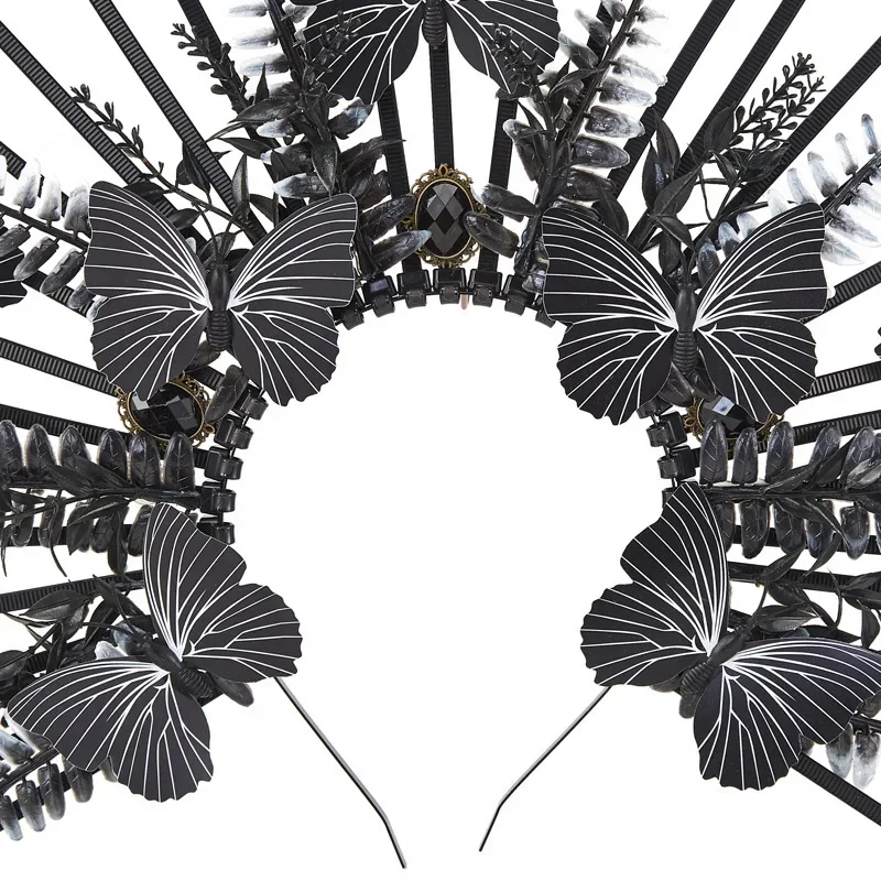 สีดํา Spiked Halo เครื่องประดับผม Gothic Lolita Leaf ผีเสื้อมงกุฎฮาโลวีน Party ไซเรนอุปกรณ์เสริมผม