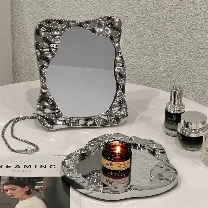 Vintage Irregular Mirror Wavy Edge Makeup Mirror & Room Decoration Desktop Decor Trays Desktop Decor Organizer for Bedroom Gifts
