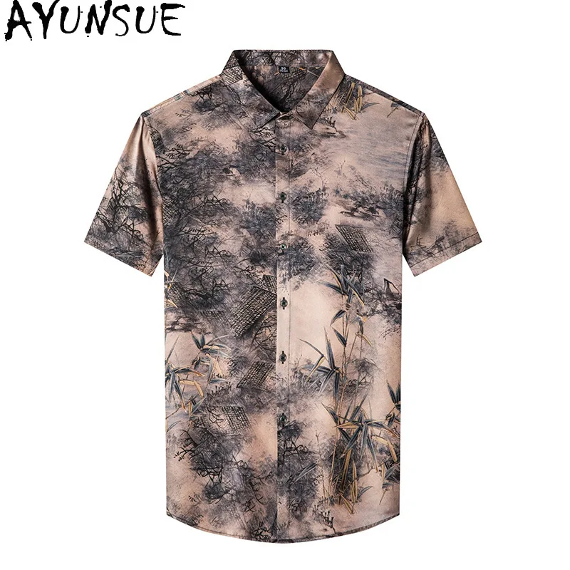 AYUNSUE 90.8% Mulberry Silk Shirt for Man Clothing Fashion Short Sleeve Printed Satin Shirt Casual Summer Tops Mens Shirts 셔츠