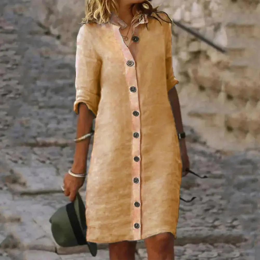 فستان متوسط الطول بأزرار وأزرار لأسفل للنساء مع نصف أكمام ، طية صدر السترة ، ناعم ، مريح ، أنيق ، خريف