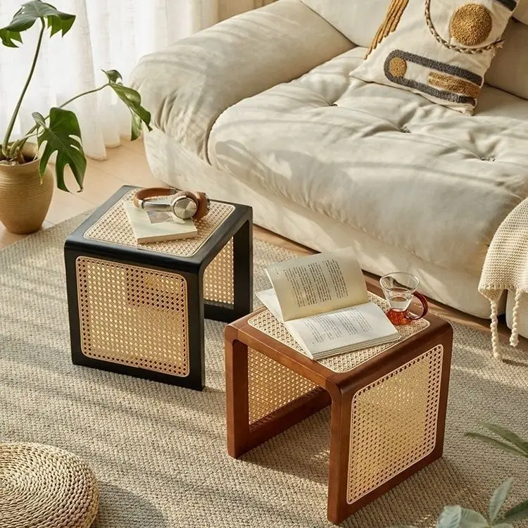 Japanese Solid Wood Rattan Coffee Table Sofa Side Table Floor-Standing Ornaments Bedside Table Creative Bedside Coffee Tables