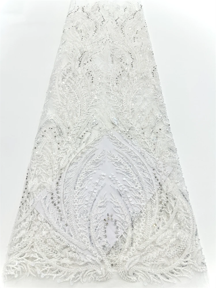 

African Handmade Beaded Lace Fabric for Women, Nigreian Embroidery, Sequins, Wedding Dress, Green, High Quality, 2025