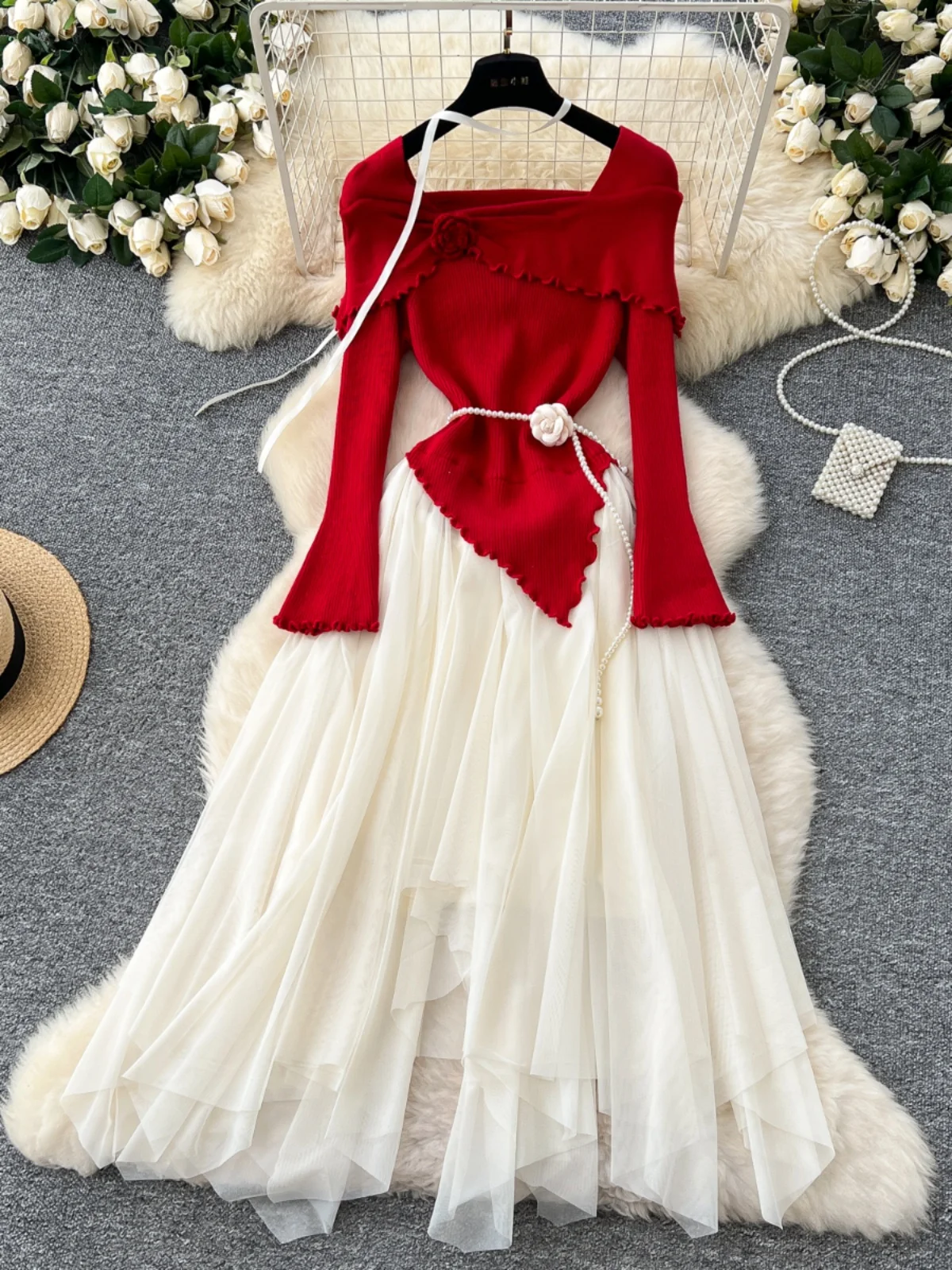 부드러운 바람 꽃 긴 소매 니트 메쉬 푹신한 하이 웨이스트 a 라인 요정 드레스 한국 스타일 통근 겨울 패션 트렌드