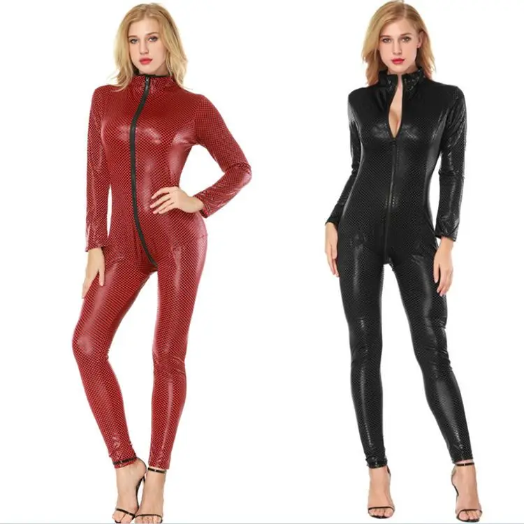 

Women's Wet Look Zipper Front Catsuit Sexy Halloween Cosplay Costume Patent Leather Bodysuit Medium