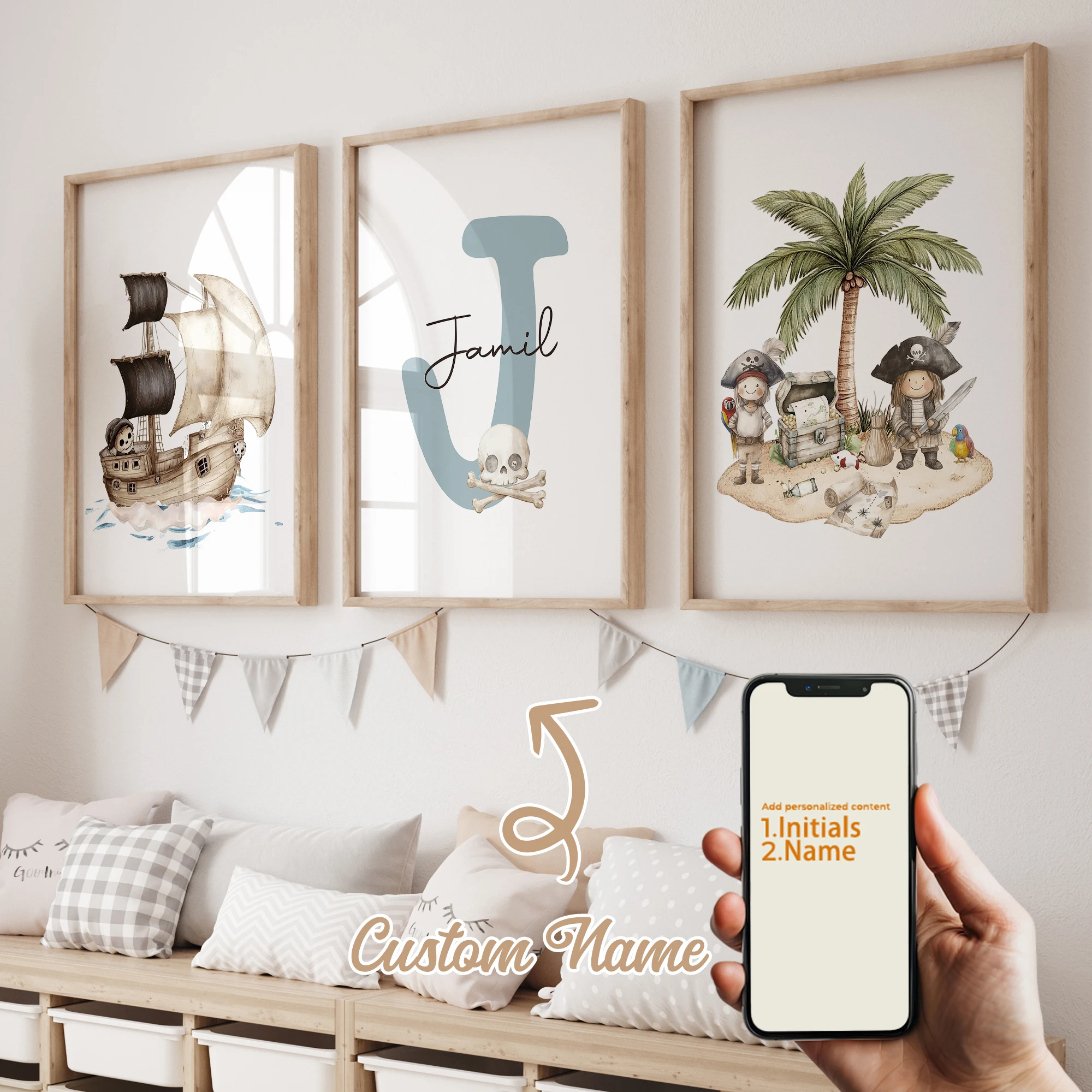 3 Stück personalisierte, individuelle Cartoon-Kinder-Piraten-Wandkunst, Druckbild, Leinwandposter, Gemälde für Wohnzimmer, Heimdekoration