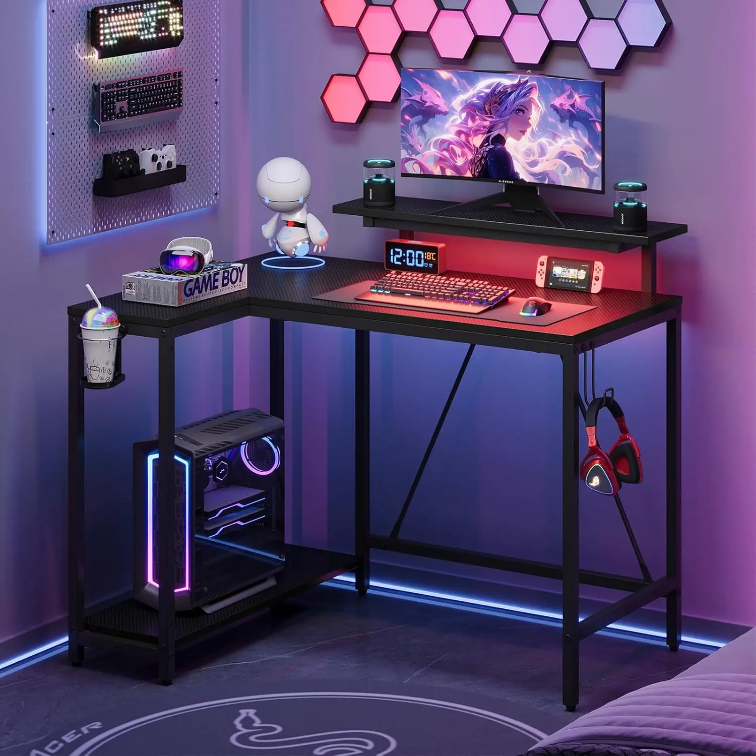 

42" Reversible Gaming Desk Monitor Stand LED Lights L-Shape Cup Holder Headset Hook Home Office Small Space Black, Customized