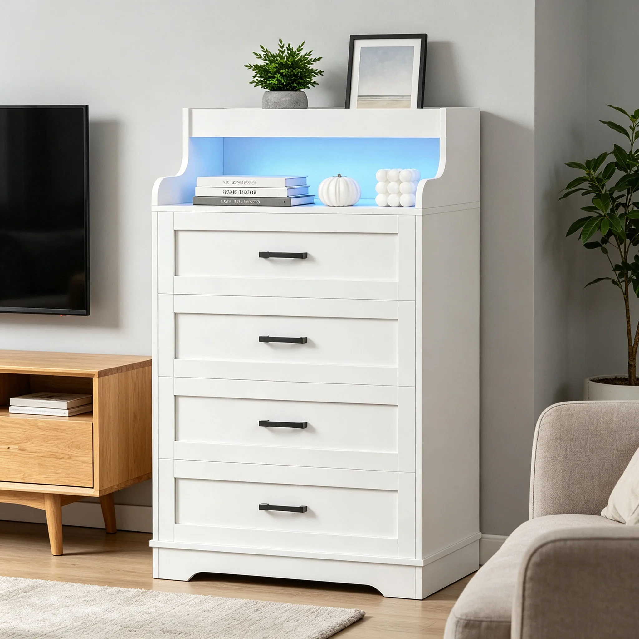 Superaly, weiße Kommode mit offenem Stauraum, 4 Schubladen, Schrank mit Metallgriffen, modernes, freistehendes Aufbewahrungsmöbel für Schlafzimmer und Wohnzimmer, Organizer-Möbel.