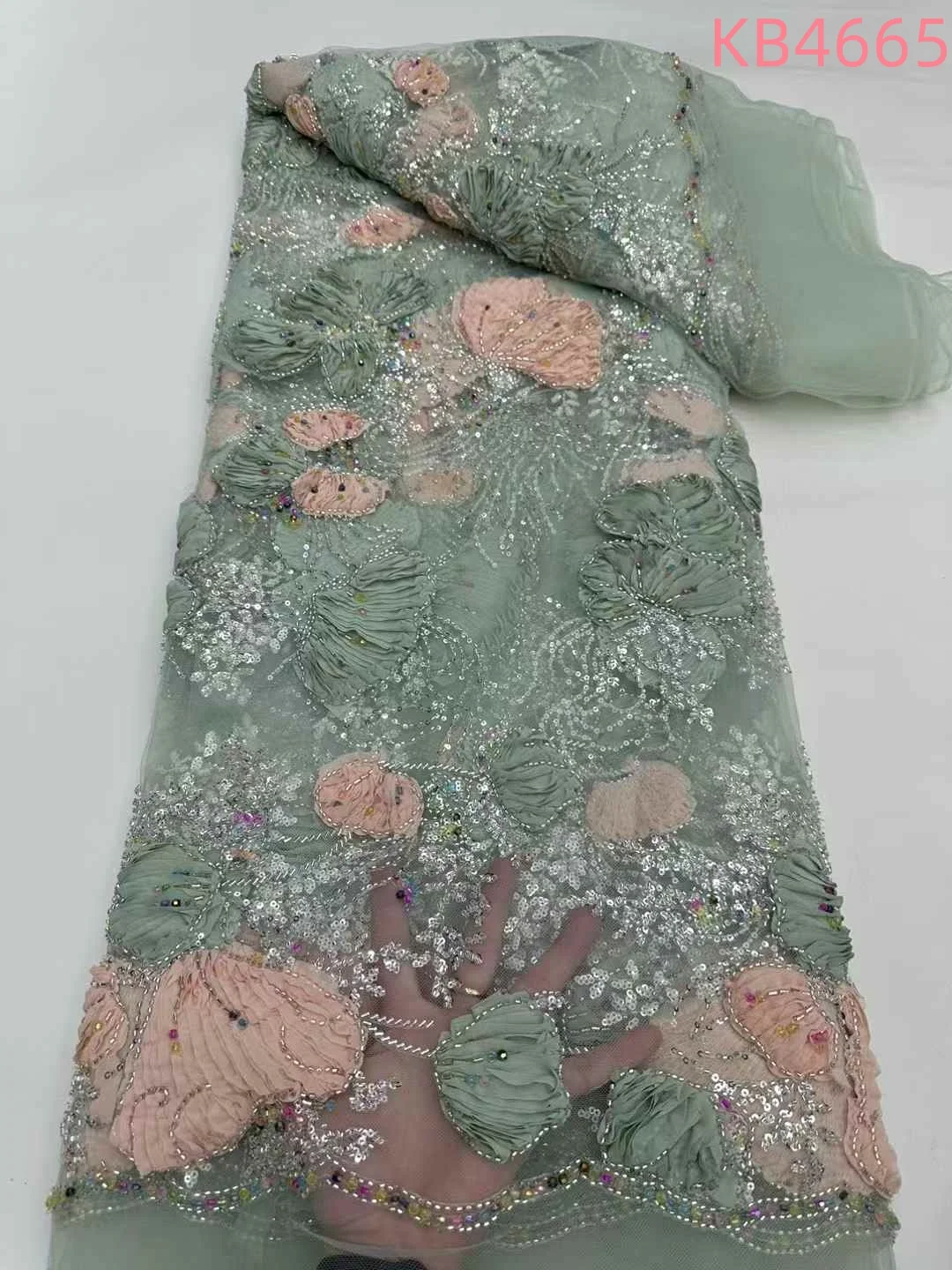 

5 Yards Dubai Lace Fabrics Quality 2024 Bridal Lace Fabric Green 3D Flower Beaded Lace Fabrics Sequins Lace For Sewing KB4665