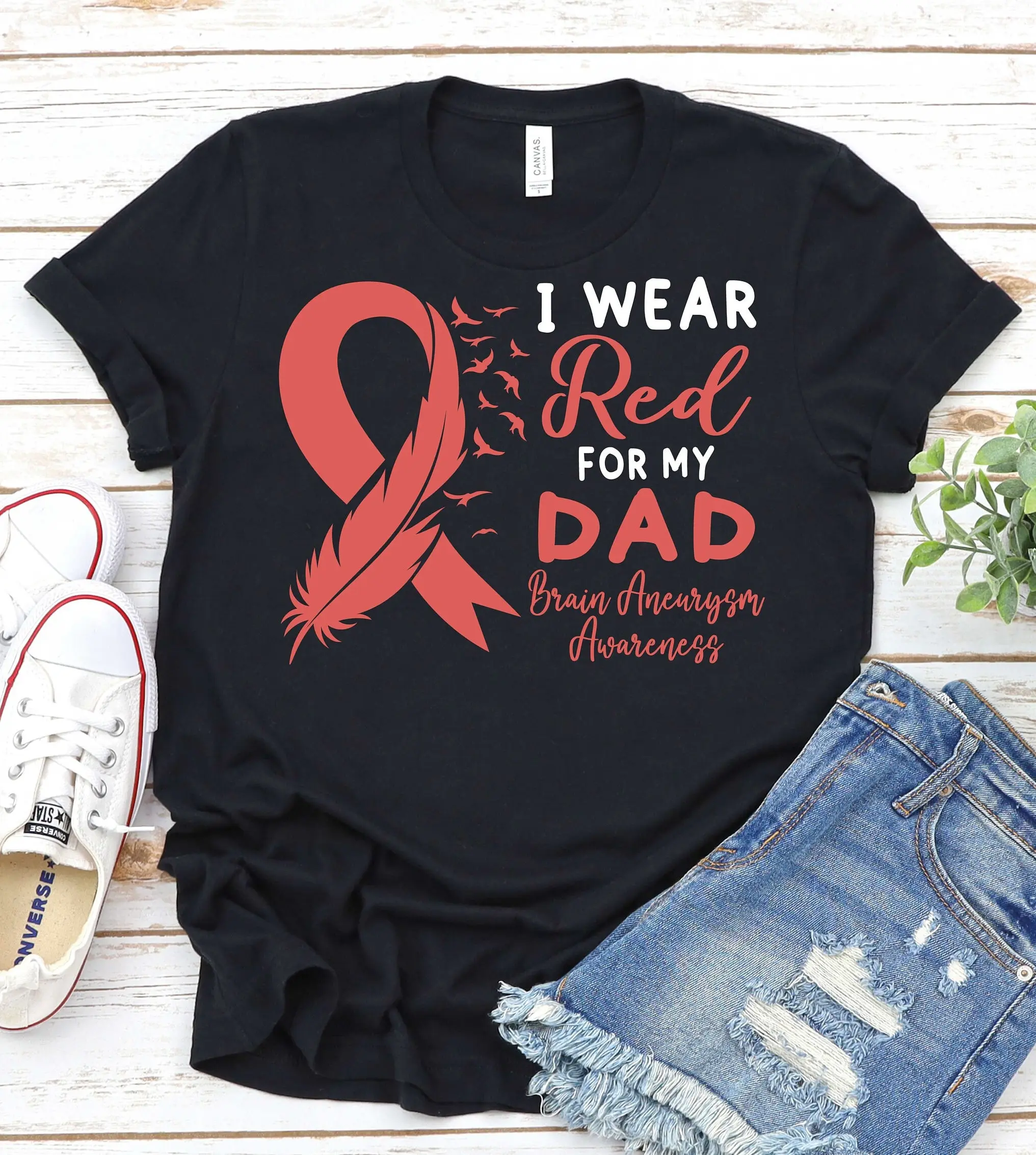 Brain Aneurysm Awareness T Shirt Red Ribbon Rupture Support Dad Cerebral