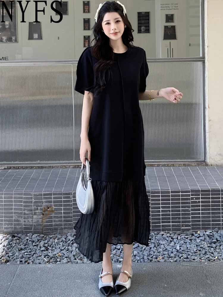 NYFS, летнее платье 2021, женское свободное платье в корейском стиле больших размеров в стиле пэчворк, однотонное длинное платье с короткими рукавами, халат Elbise