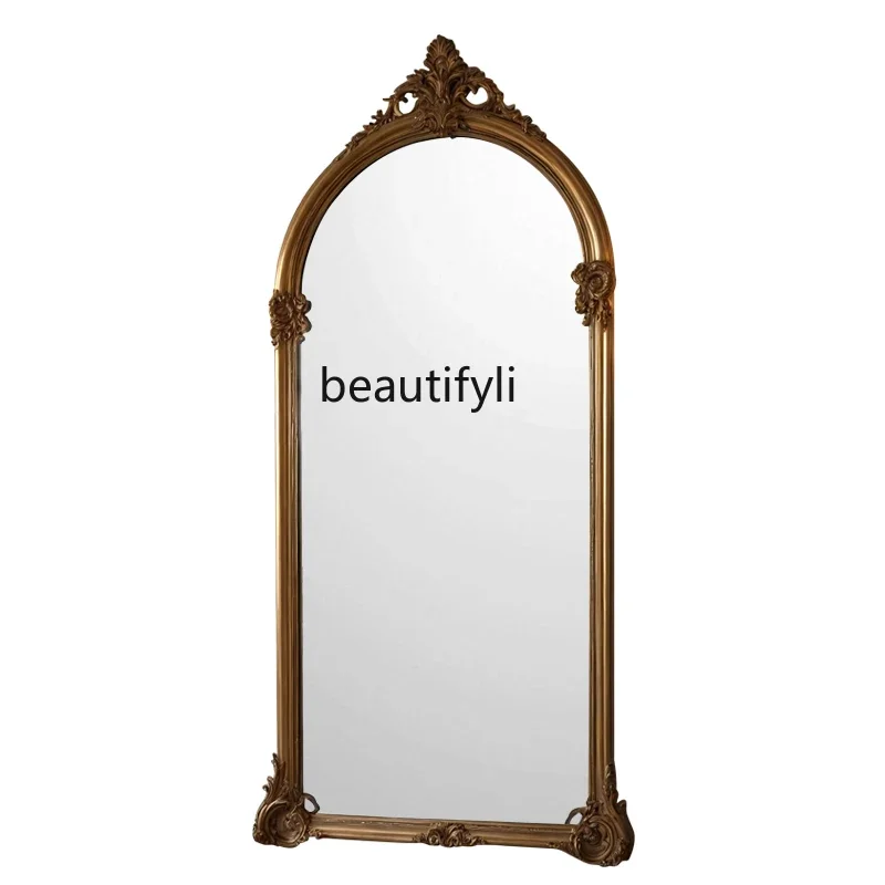 

European style, full body full-length mirror custom retro carved arched floor mirror home living room cloakroom fitting mirrorHY