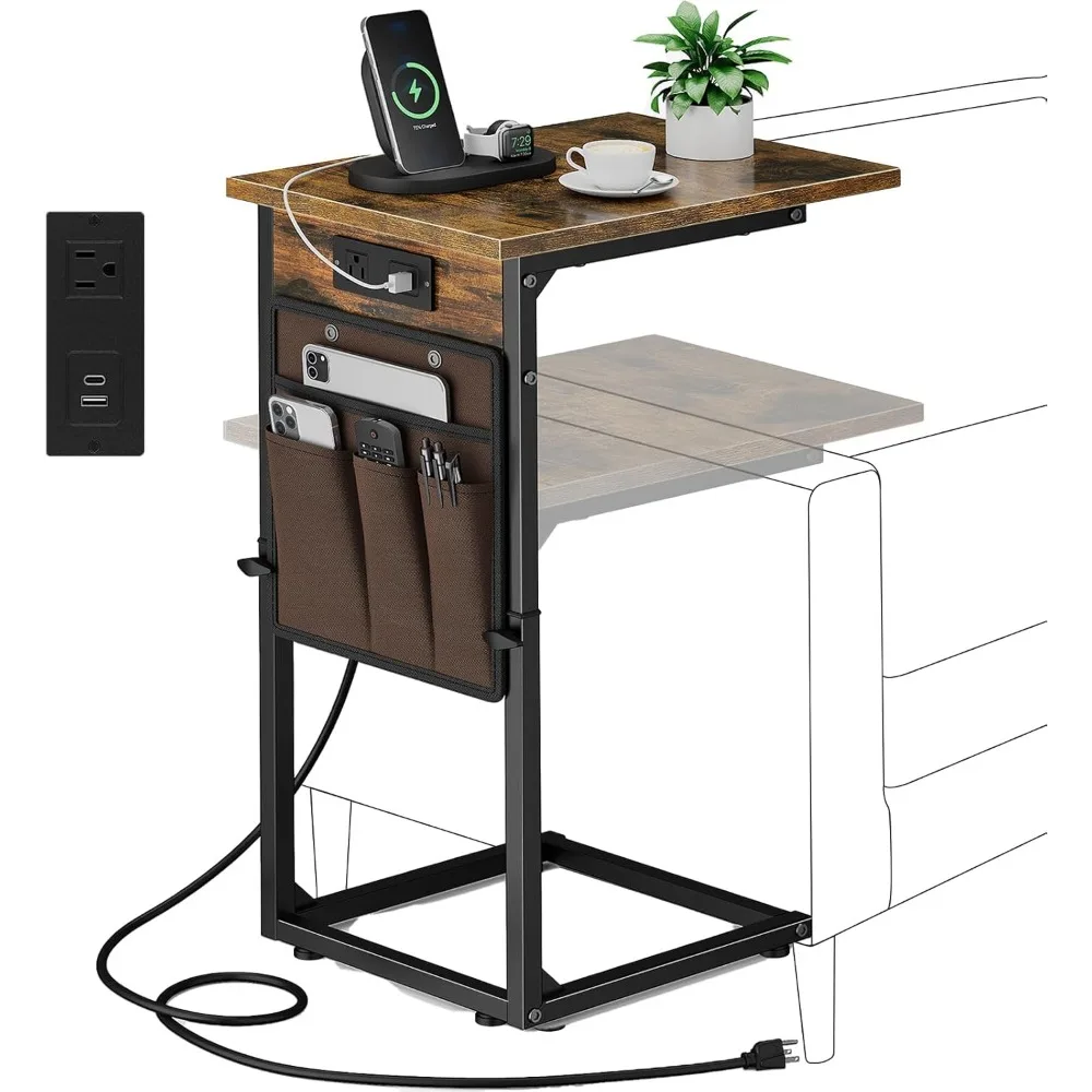

Vagusicc C Shaped End Table with Charging Station, Adjustable Height Side Table for Couch, Small Sofa Table with Storage Bag, Sl