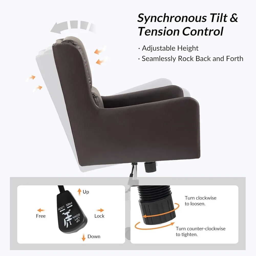 كرسي مكتب منزلي من الجلد الصناعي من HULALA HOME، مائل و360 ° كرسي مربع قابل للدوران في منتصف الظهر، كرسي بذراعين منجد مريح مع