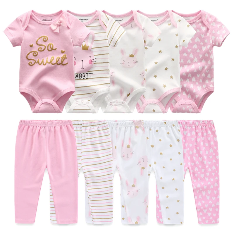 10Pcs/lot Baby Bodysuits+Pants Four Seasons Cute 100%Cotton Newborn Clothes Baby Girl Boy Trousers