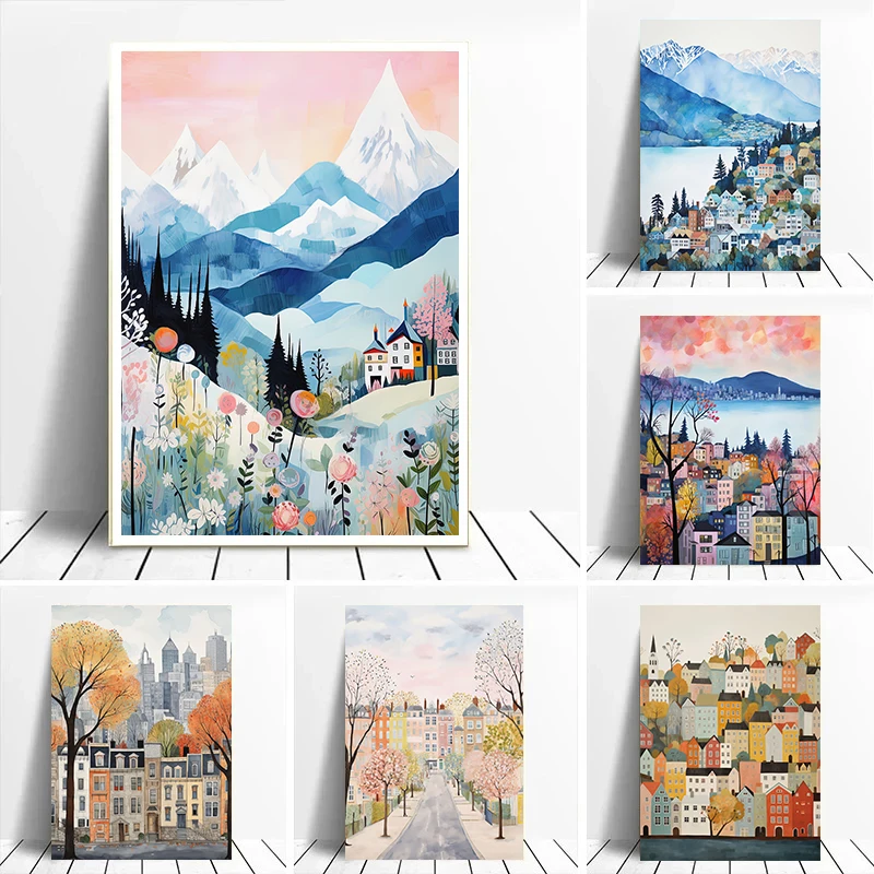 ملصق منظر طبيعي بألوان مائية عتيقة ، عالم سيتي ترافل ، برلين ، سويسرا ، ديكور صور جدارية منزلية ، لوحة قماشية
