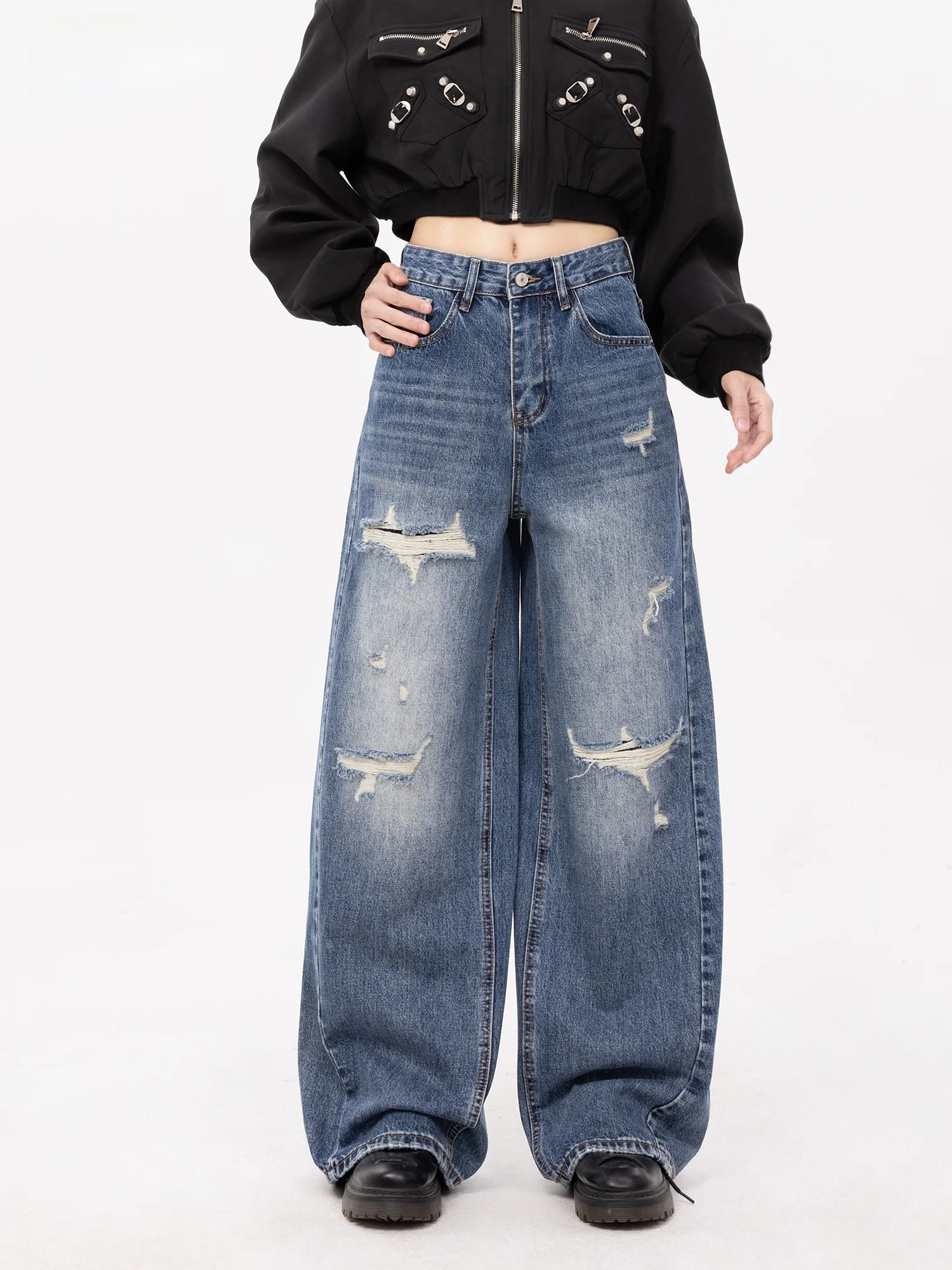 

Синие рваные джинсы прямого кроя для женщин, летние, новые, в американском ретро-стиле, с высокой талией, широкие брюки, повседневные, с эффектом потертости, натуральный цвет.