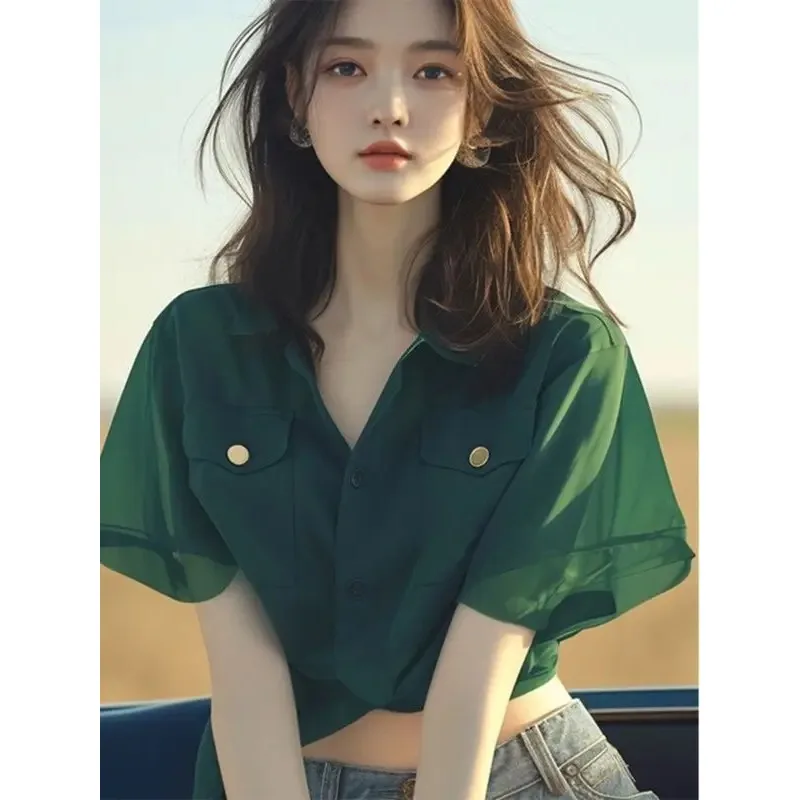 

Summer New French Chic Mint Mamba Style Elegant Green Chiffon Short Sleeve Blouse for Women