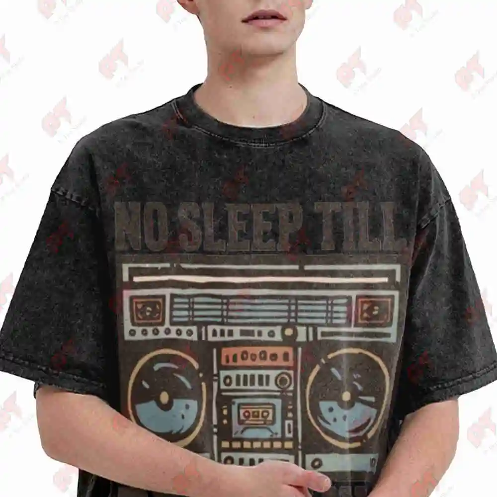No Sleep Till Brooklyn Retro Punk Rock Vintage Washed Tee Pure Cotton T-Shirt