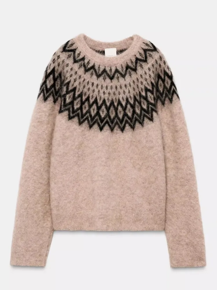 

Winter New Women's Lazy Sle Loose round Ne Splicing Color Knitted Sweater Soft Acrylic Long Sve Regular Fit Skiing Suit