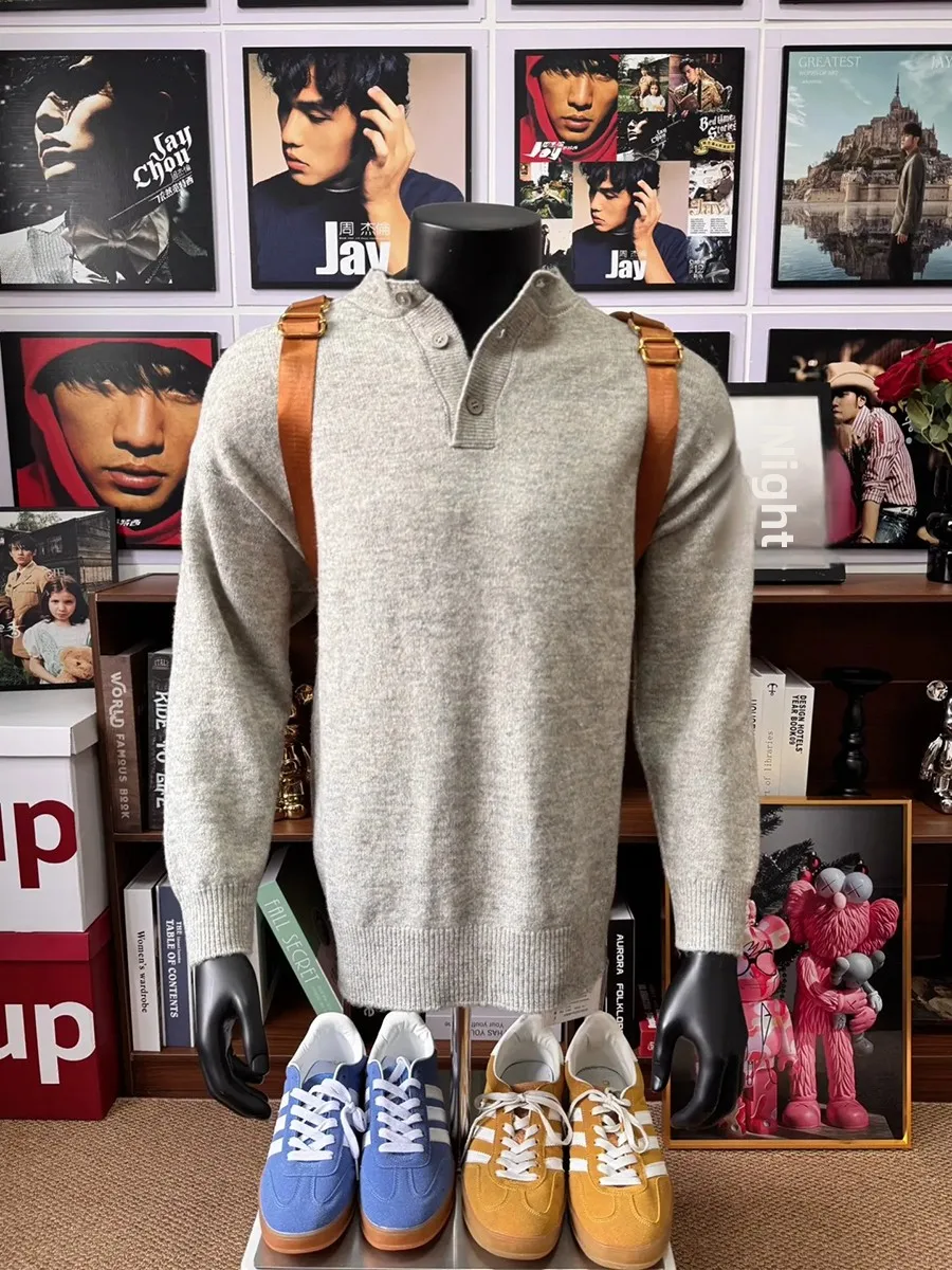 

Мужской зимний свитер Henry Collar Knitwear: утепленный, мягкий, повседневный, с длинным рукавом, с круглым вырезом, базовый слой