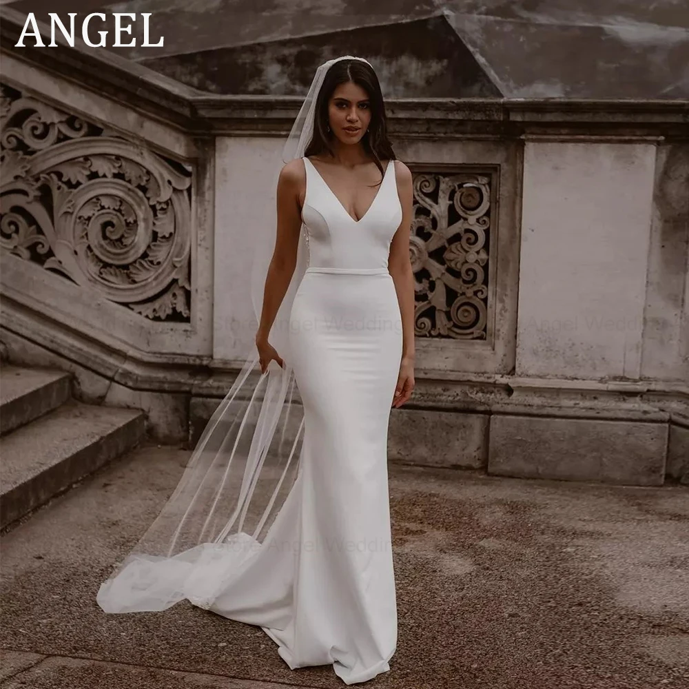 

ANGEL Elegant Mermaid Wedding Dresses Women V-Neck Lace Open Back Spaghetti Straps Bridal Gown Sweep Train Vestidos De Novia