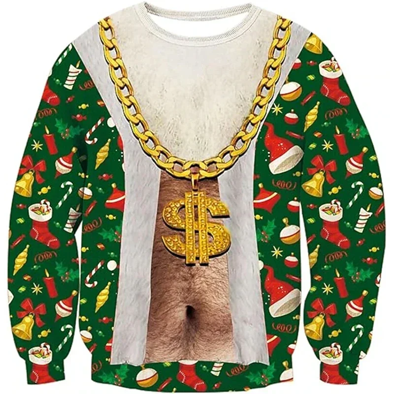 2026 Fun and Cute Christmas Long-Sleeved 3D Muscle Print Pullover Shirt, Suitable for Both Men and Women for Christmas Party