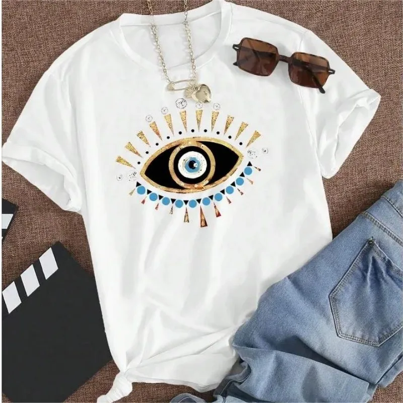 Charming Eye Pattern Printed Short Sleeved Street Versatile Micro Elastic T-shirt Summer White Minimalist Women\'s Y2k T-shirt